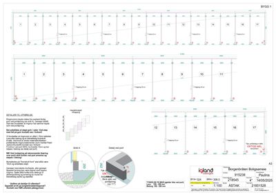 Etasjeplan med romnummering og detaljerte mål for en bygning