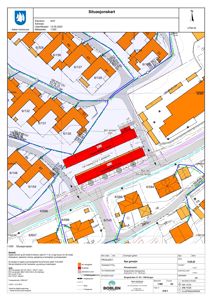 Situasjonskart som viser eiendomsnummer, bygninger, veier og planlagt ny garasje.