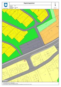 Reguleringsplankart som viser eiendomsinndeling, vegnett og bygningsplassering i et område.