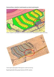 Bildet viser en sammenstilling av digitalisert og original reguleringsplan for et boligfelt. Det er tegninger som viser tomtedeling, veier og parkeringsareal.