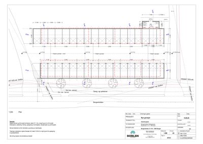 Etasjeplan eller situasjonsplan for 'Nye garasjer' som viser plassering av garasjer, gang- og sykkelvei, og tilhørende veier.