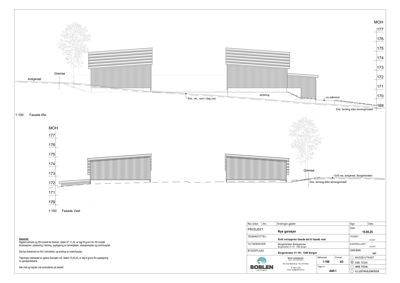 Fasadetegning av en garasje sett fra øst og vest, med høyde- og terrengangivelser.