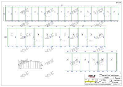 Etasjeplan med romnummering og dimensjoner for en bygning.