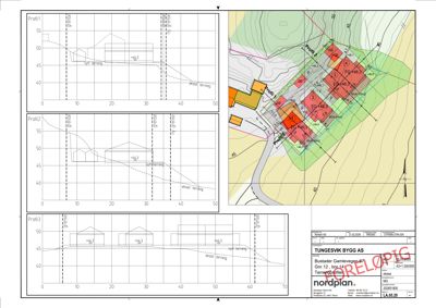 Situasjonsplan med bygningers plassering, terrengforhold og profilering (snitt) av terreng.