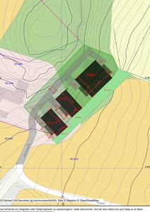 Situasjonsplan som viser tomtens form, høydemålerlinjer (konturlinjer), nabogrenser, og plassering av planlagte bygninger med arealopplysninger.