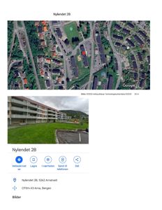 Et sammensatt bilde som viser en Google Maps-situasjonsplan øverst og et fotografi av bygningen Nylendet 2B nederst.
