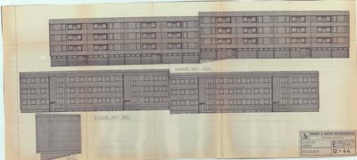 Fasadetegning som viser bygningens utseende fra vest og øst.