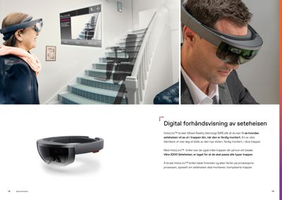 Fotografier av en mann og en kvinne som bruker HoloLinc-briller for å se en digital forhåndsvisning av en seteheis i en trapp.