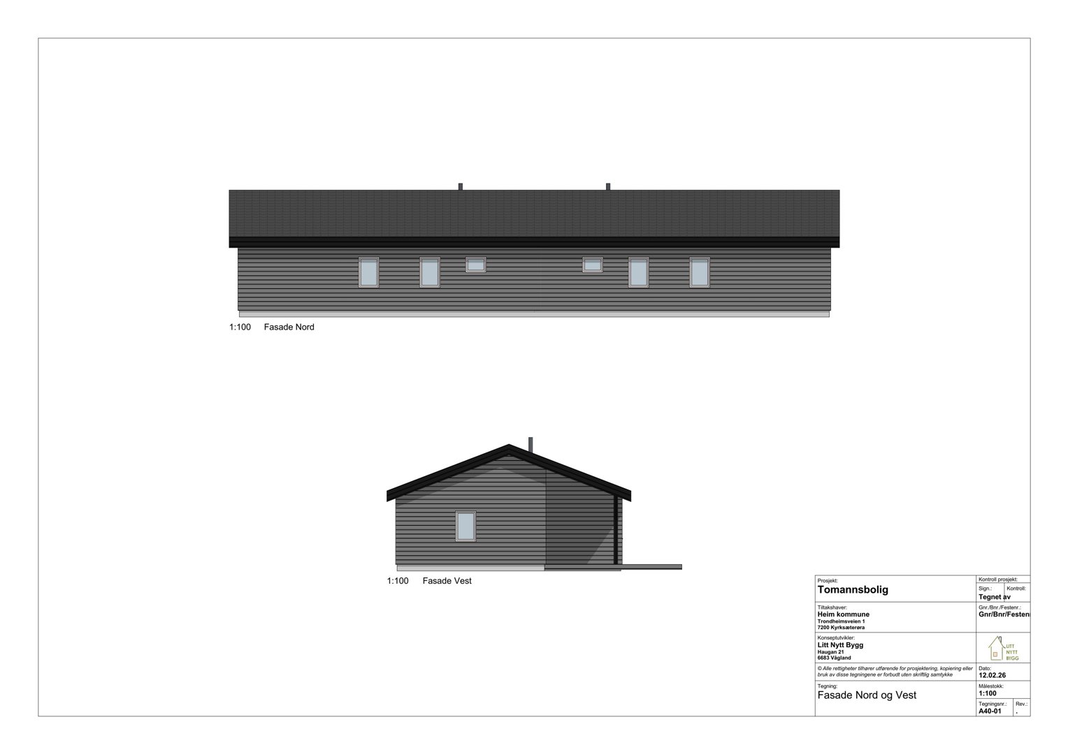 Fasadetegning som viser bygningens utseende sett fra nord og vest.