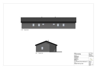 Fasadetegning som viser bygningens utseende sett fra nord og vest.