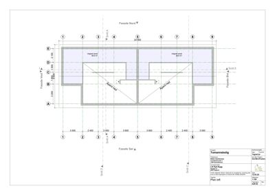 Etasjeplan (loft) som viser romfordeling, mål og snittlinjer.