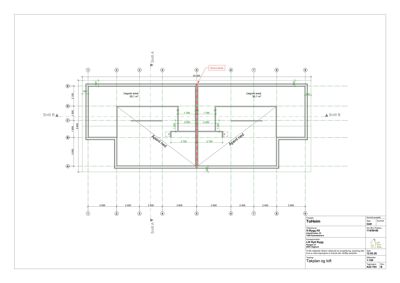 Etasjeplan for taket (loft) som viser romfordeling, mål og brannvegg.