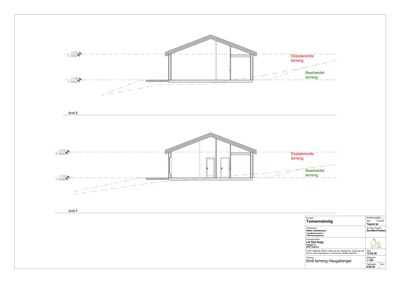 Snittegning (Snitt E og Snitt F) som viser bygningens tverrsnitt i forhold til terreng.