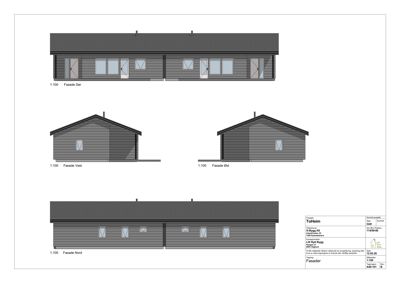 Fasadetegning som viser bygningens utseende fra fire sider (Nord, Sør, Vest og Øst).
