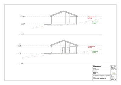 Snittegning (Snitt E og Snitt F) som viser bygningens tverrsnitt, høyde og terrengforhold.