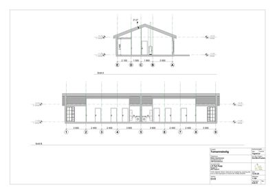 Snittegning (Snitt A og Snitt B) som viser tverrsnittet av en bygning med romfordeling og høyder.
