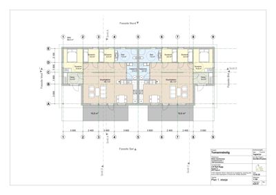 Etasjeplan for en bolig med romfordeling, mål og snittreferanser