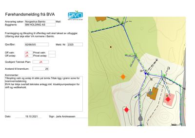 Situasjonsplan som viser vann- og avløpsanlegg (grønnfarget) i forhold til tomt, eksisterende bygg og brannvesen.