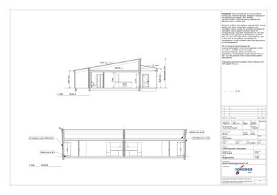 Snittegning (Snitt A og Snitt B) som viser bygningens tverrsnitt, høyder, konstruksjoner og romfordeling.