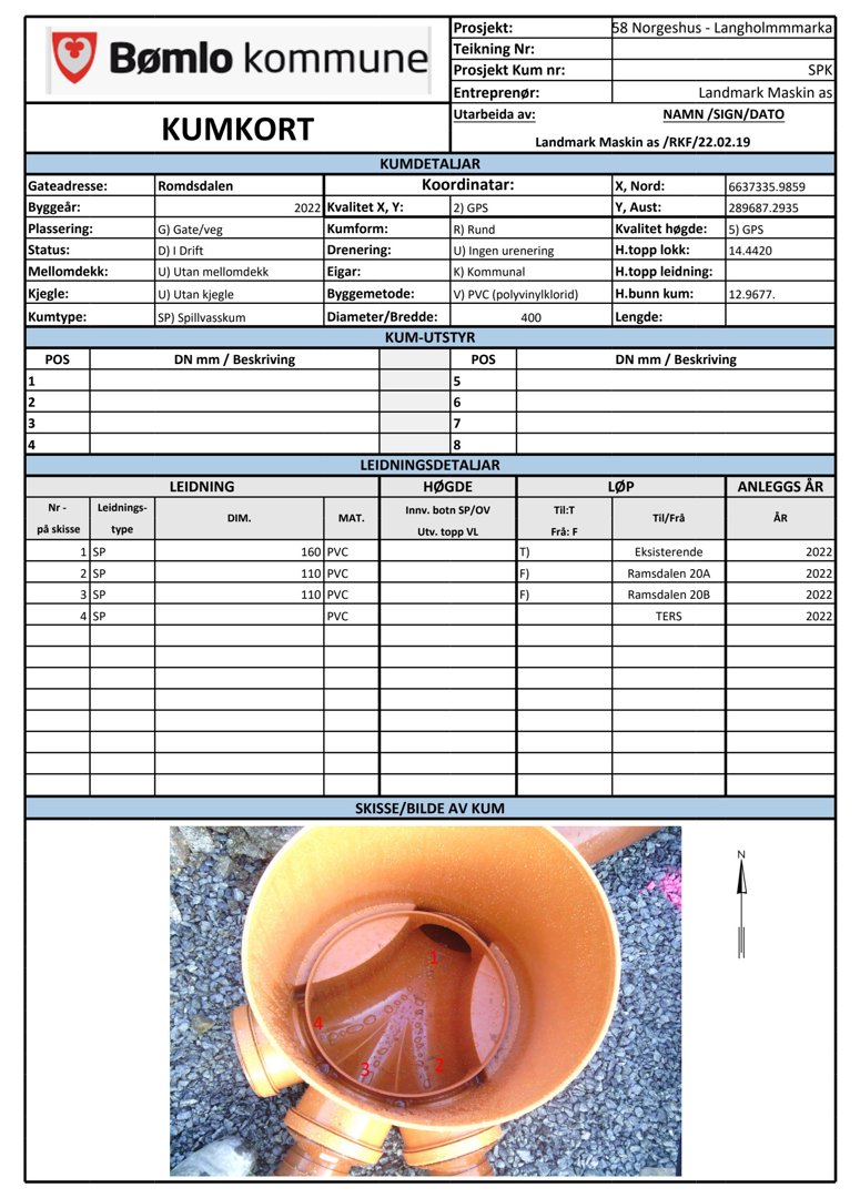 Fotografi av en gul kum (spillvasspumpe) sett fra toppen, med en nordpil for orientering.