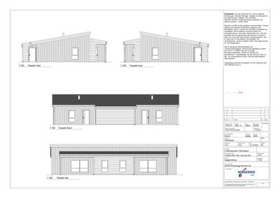 Fasadetegning som viser bygningens utseende fra fire sider (Vest, Aust, Nord og Sør) med mål og detaljer.