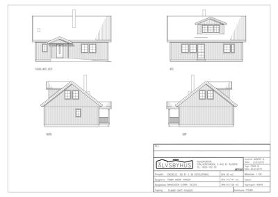 Fasadetegning som viser bygningens utsyn fra fire sider: vest, øst, nord og sør.