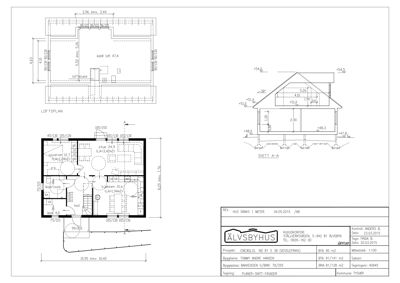 Bildet viser en tegning med etasjeplaner (LOFTSPLAN og et hovedplan) samt et snitt (SNITT A-A) av en bygning. Tegningen inneholder romnavn, mål og tekniske detaljer.