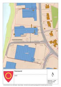 Kartutsnitt (situasjonsplan) som viser tomt, bygninger, veier og omgivelsene.