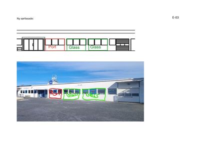 Bildet viser en fasadetegning (øverst) og et tilhørende fotografi (nederst) av en ny sørfasade på en bygning. Tegningen illustrerer plassering av porter og glassflater, mens bildet viser den ferdige fasaden med markeringer som samsvarer med tegningen.