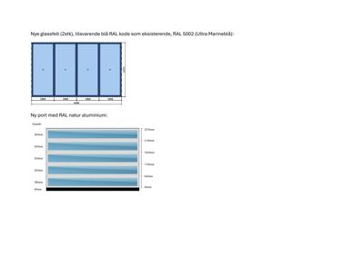 Detaljtegning som viser dimensjoner og fargekoder (RAL) for nye glassfelt og en ny port.