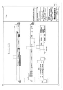 Fasadetegning som viser bygningens utseende fra fire sider (Nord, Sør, Vest, Øst) med mål og detaljer.
