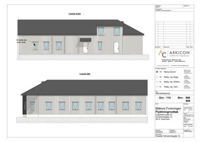 Tegning som viser fasader (Nord og Sør) for en bygning, inkludert vinduer, dører og takform.