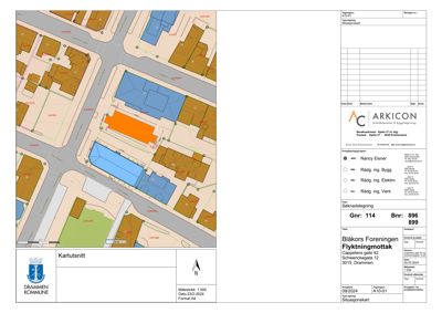 Situasjonskart (situasjonsskisse) som viser bygningens plassering i forhold til nabolaget, gater og eiendomsgrenser.