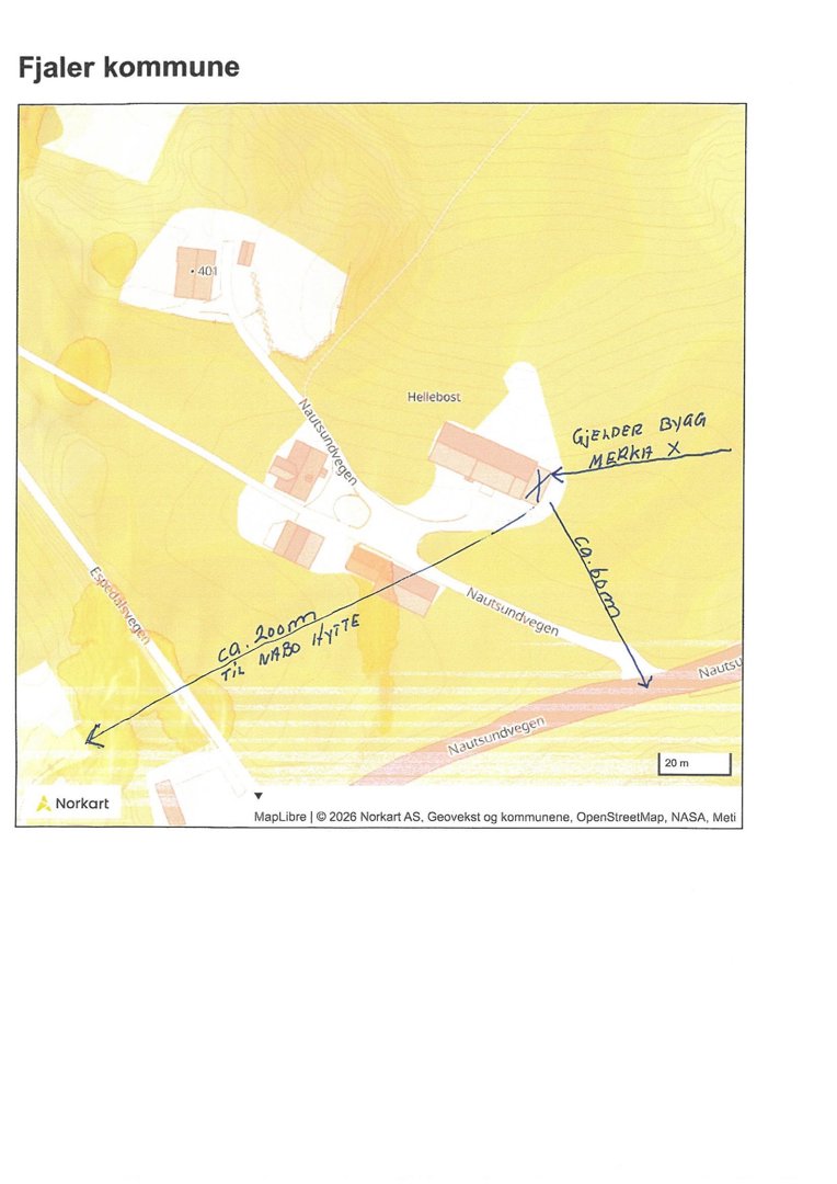 Kart over Fjaler kommune som viser topografi, vegnett (Nautsundvegen, Espelidvegen) og plassering av eiendommer/bygninger.