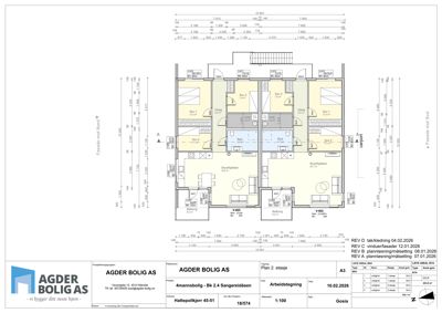 Etasjeplan for 2. etasje i et 4-mannsboligprosjekt, med romfordeling, mål og utskriftsstatus.