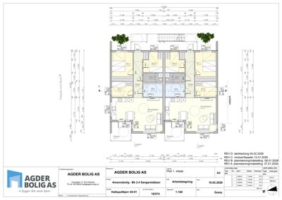 Etasjeplan (1. etasje) for en 4-manns bolig med romfordeling, mål og arealoppsett.