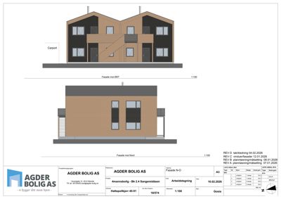 Fasadetegning som viser bygningens utseende fra to sider (ØST og NORD) med materialvalg og vindusoppsett.