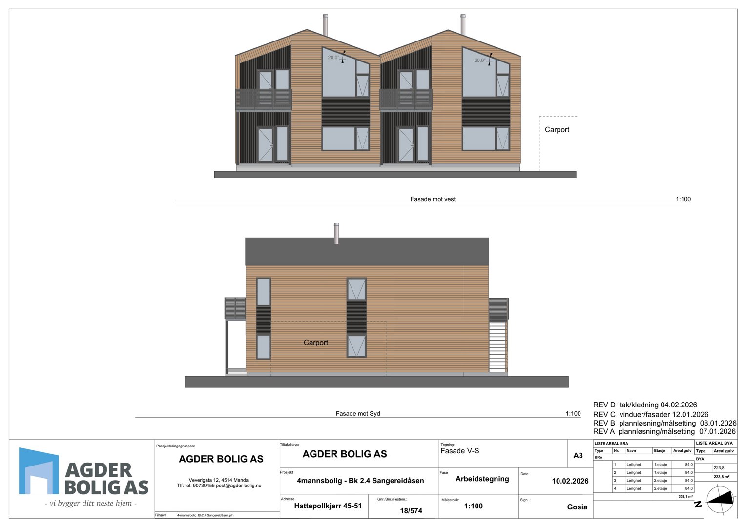Fasadetegning som viser bygningens utseende fra vest og syd.