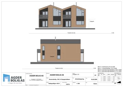 Fasadetegning som viser bygningens utseende fra vest og syd.