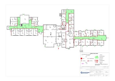 Etasjeplan (brannplan) som viser romfordeling, vegger, dører og brannsoner.