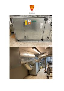 Fotografier av en ventilasjonsanlegg (Flakt) og tilhørende luftkanaler i et teknisk rom.