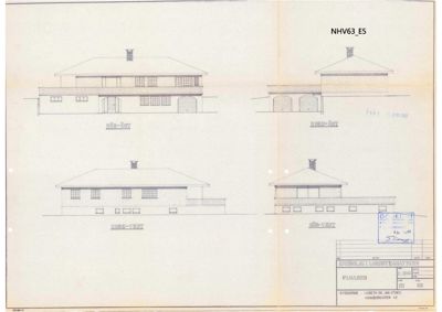 Fasadetegning som viser bygningens utsyn fra fire sider (Nord-Øst, Nord-Vest, Sør-Øst og Sør-Vest).