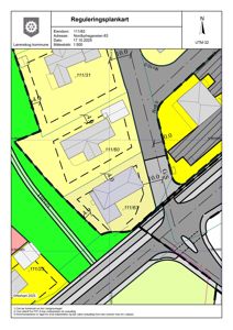 Reguleringsplankart som viser eiendomsnummer, adresse, datum og målestokk for et område i Lerensskog kommune.