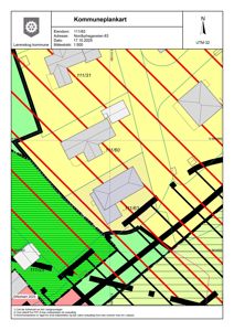 Kommuneplankart som viser eiendomsgrenser, bygninger og arealbruk for eiendommen 111/63 i Lørenskog kommune.
