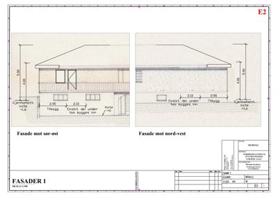 Fasadetegning som viser oppriss av bygningen sett fra to sider (sør-øst og nord-vest) med mål og koter.