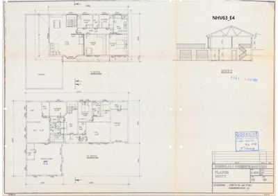 Bildet viser en tegning med etasjeplaner (1. etg. og 2. etg.) for en bolig, samt et snitt. Tegningen inneholder romnavn, mål og er merket med 'SNITT' og 'PLANER SNITT' i feltet.