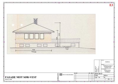 Fasadetegning som viser bygningens utseende fra sør-vest med mål og detaljer.