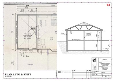 Bildet viser en tegning med etasjeplan (til venstre) og snitt (til høyre) for en utvidelse av en bygning.