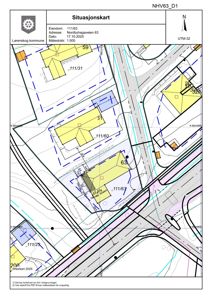Situasjonskart som viser eiendomsnummer, adresse, nabolag og bygningsplassering i forhold til veier og topografi.