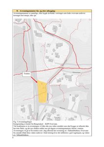 Kart som viser avrenningsmønster, topografi og bygningsplassering i et område med en markert tomt.